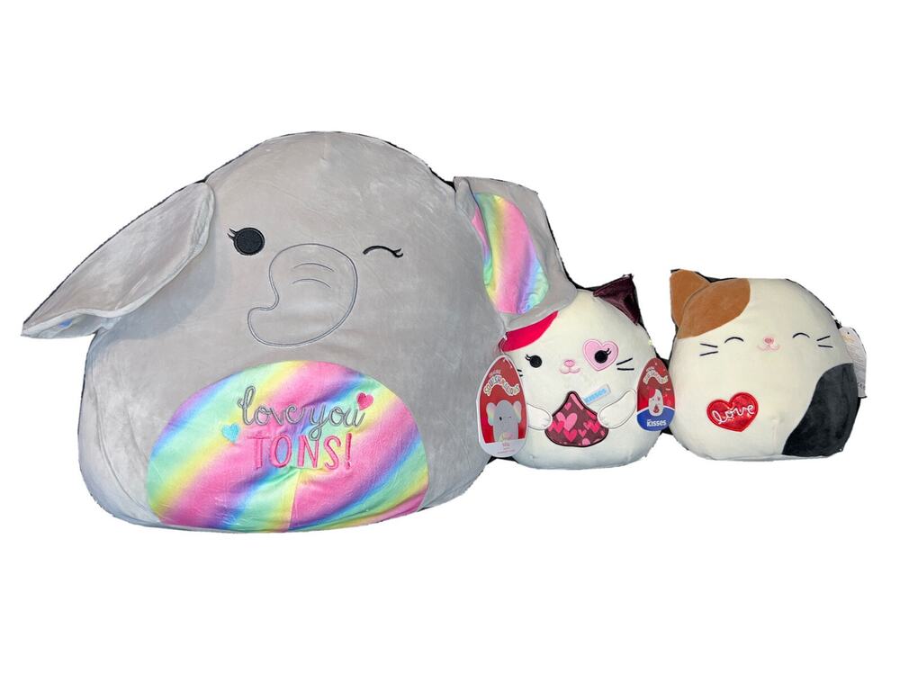 Lot 3x Squishmallows Plush Rainbow Mila Elephant-Hershey Kisses Pyper & Cam Cat